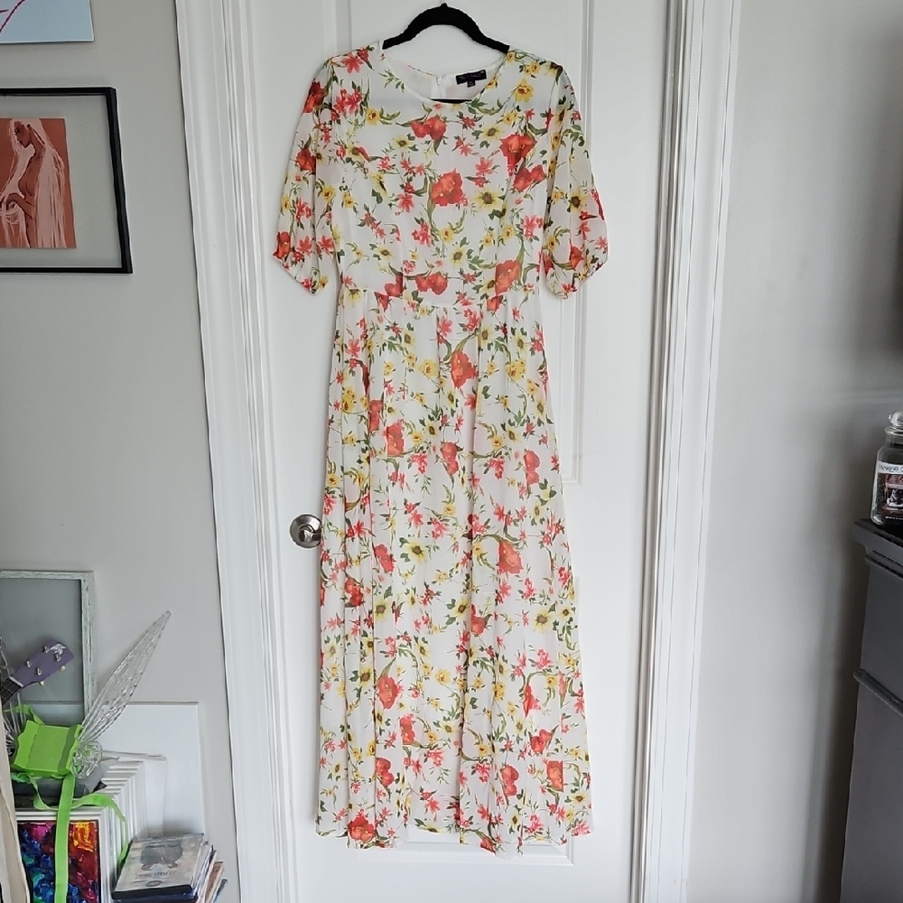 Unique Vintage Floral Maxi Dress in Cream, Coral & Yellow NWOT